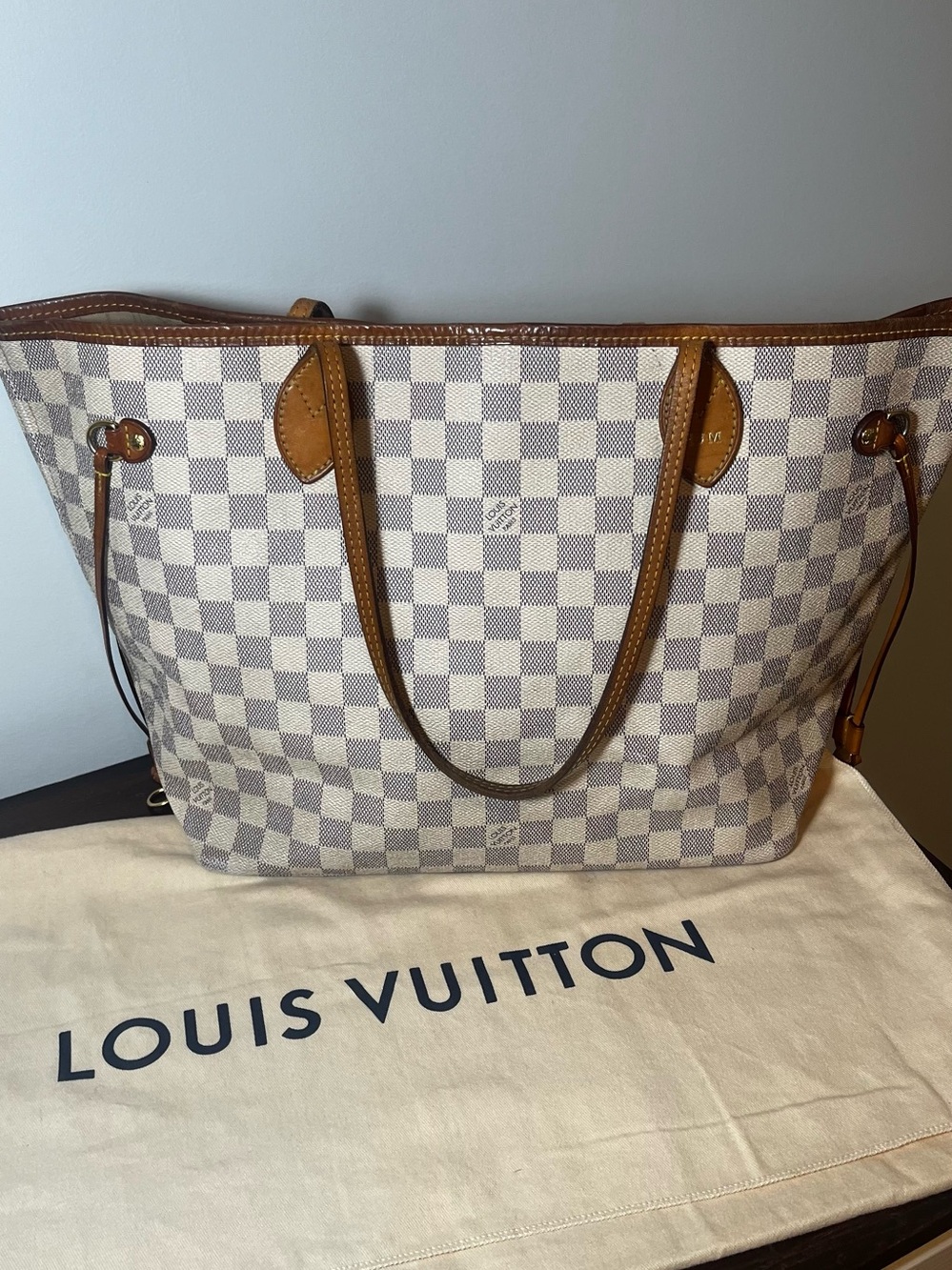 Louis Vuitton Neverfull MM Damier Azur Canvas Tote Bag Vachetta Leather